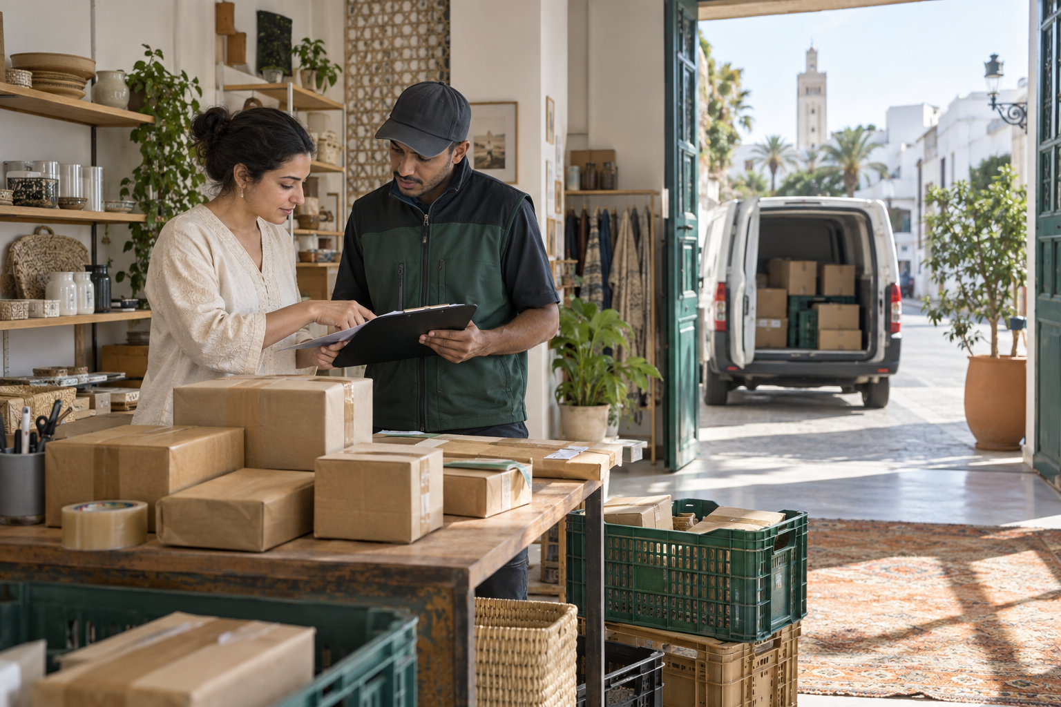 Commerçante et coursier vérifiant un ramassage au Maroc
